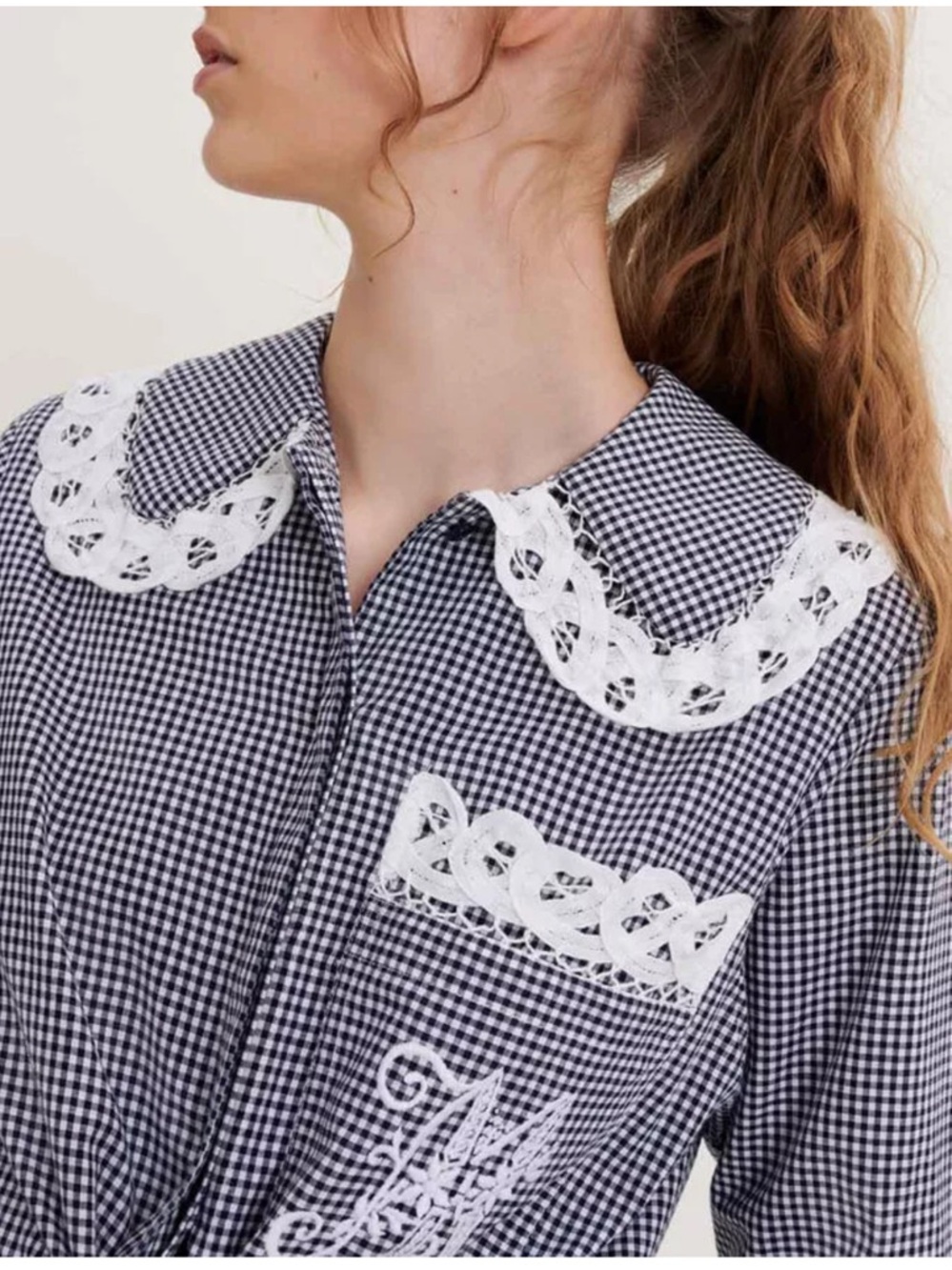 Maje Gingham Button-Up Shirt with Lace Trim XS/S
